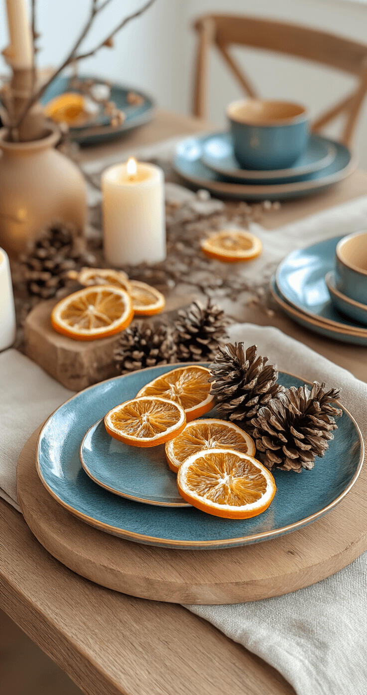 Zo Style Je de Perfecte Herfst Diner Tafel A rustic Dutch dining scene featuring a wooden plateau adorned with dried orange slices, pinecones, and small branches, complemented by petrol blue ceramic plates with gold rims and warm rust-toned linen napkins. Soft candlelight creates an intimate atmosphere, casting gentle shadows and highlighting the textures of natural materials against a backdrop of earthy autumnal colors with subtle blue undertones.