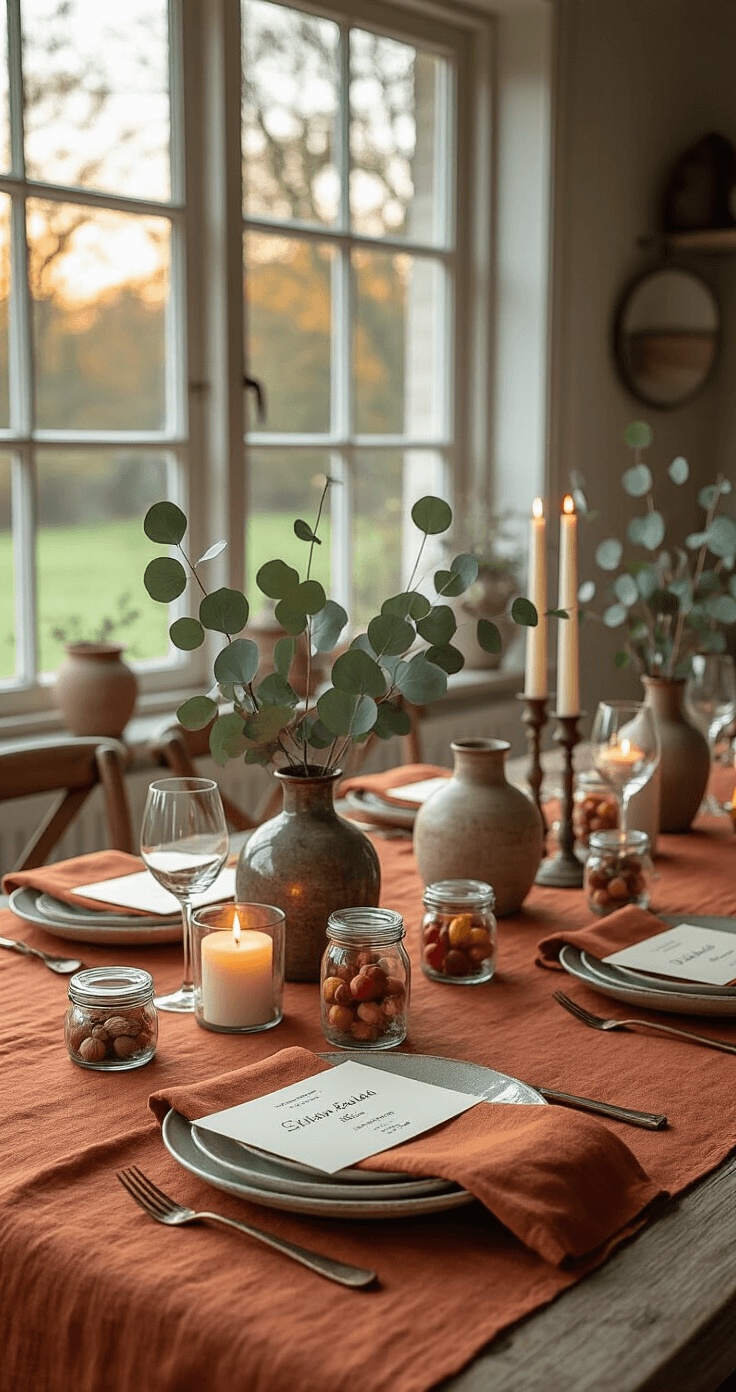 Zo Style Je de Perfecte Herfst Diner Tafel Warm and inviting Dutch dining setup featuring a linen tablecloth in rich rust tones, adorned with handwritten name cards on fallen leaves, small glass jars of dried fruits and nuts, eucalyptus branches in vintage ceramic vessels, and candles, all illuminated by soft evening light filtering through large windows.