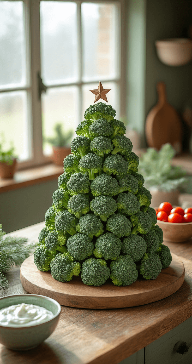 Groente Kerstboom: Zo Maak Je Een Feestelijke Groenteboom Voor De Kerst Bovenaanzicht van een rustiek houten keukeneiland met een zorgvuldig opgebouwde broccoli-kerstboom in zacht winterlicht, een hand-gesneden houten serveerplank, perfect gevormde broccoli-structuur, groene en rode accenten van cherrytomaten en paprikareepjes, professionele voedselstyling met een frisse yoghurtdip in een ambachtelijk keramisch schaaltje, mutige salie groene en terracotta kleurenschema, zachte schaduwen die de textuur benadrukken.