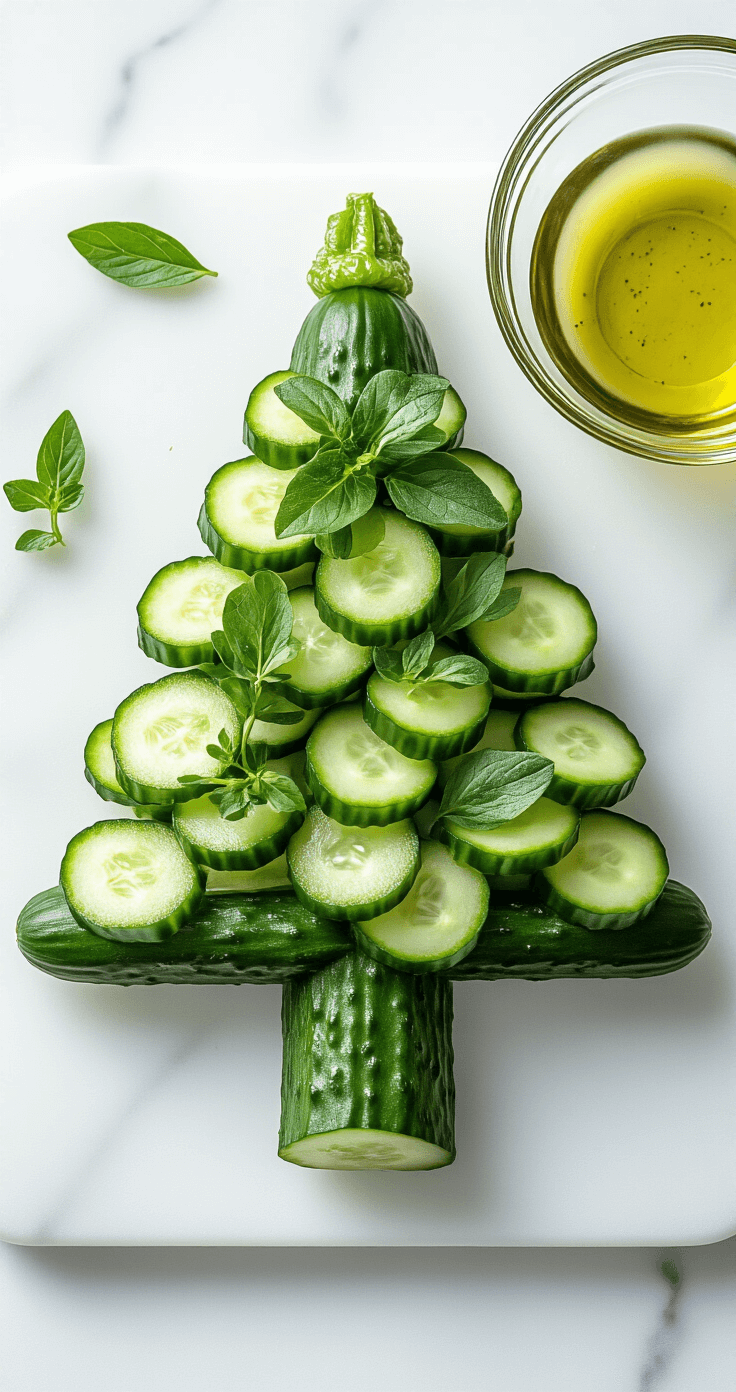 Groente Kerstboom: Zo Maak Je Een Feestelijke Groenteboom Voor De Kerst Dramatische close-up van een komkommer kerstboom, zorgvuldig gerangschikt op een minimalistische witte marmeren ondergrond, met verse kruiden en een moderne glazen schaaltje met dipsaus.