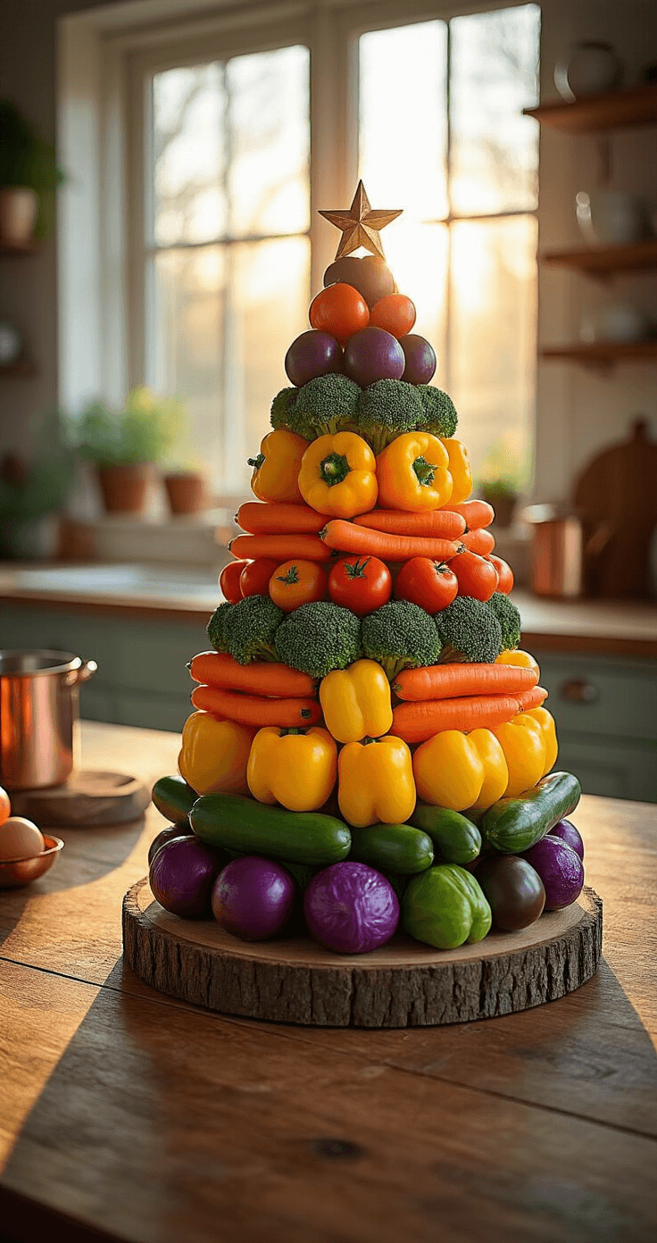 Groente Kerstboom: Zo Maak Je Een Feestelijke Groenteboom Voor De Kerst Een warme, uitnodigende keukeninterieur met een regenbooggroente-kerstboom op een tafel van gerecycled hout, met gouden namiddagzon die over de compositie stroomt. De levendige boomstructuur bestaat uit paarse, oranje, gele en groene groenten, professioneel gestyled met een opzettelijke asymmetrie. Achtergrond met subtiele koperen keukengerei en een zachte focus die diepte creëert, in een rijk, aards kleurenpalet.