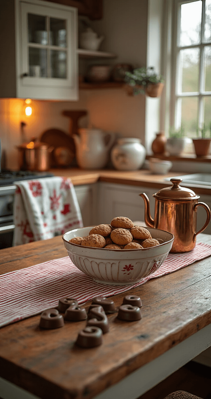 Sinterklaas Decoratie: Zo Maak Ik Mijn Huis Echt Feestelijk Cozy Dutch kitchen corner with warm tungsten lighting illuminating a rustic wooden table adorned with a red and white striped runner and a vintage ceramic bowl filled with pepernoten. Hand-painted Sinterklaas-themed tea towels drape casually, while soft focus highlights delicate chocolate letters arranged artistically. Copper kitchen elements add warm metallic reflections, creating an intimate holiday atmosphere.