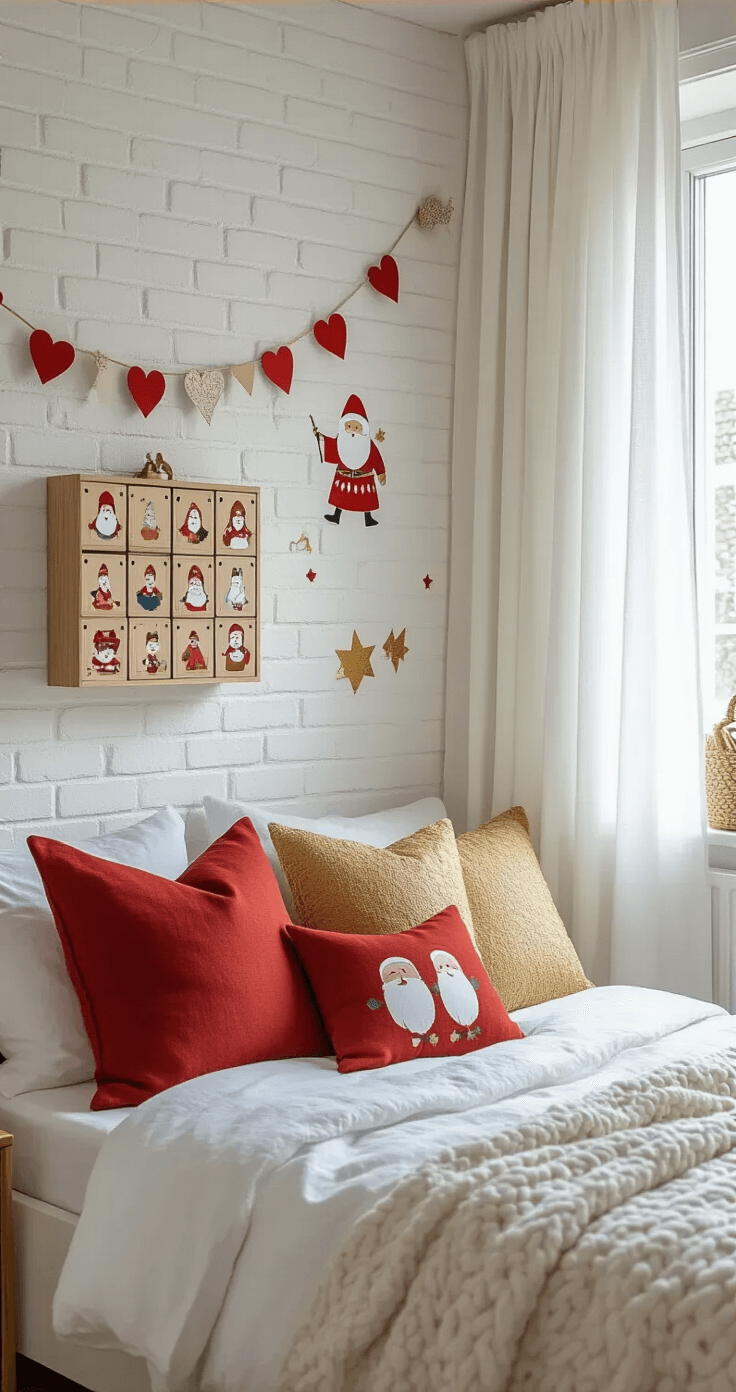 Sinterklaas Decoratie: Zo Maak Ik Mijn Huis Echt Feestelijk Moderne kinderhoek voor Sinterklaas met zachte daglicht, witte gordijnen, speelse raamstickers, handgemaakte papieren slinger, houten adventskalender, rode en gouden kussens op een minimalistisch bed, en een magische, verfijnde sfeer vanuit een laag perspectief.