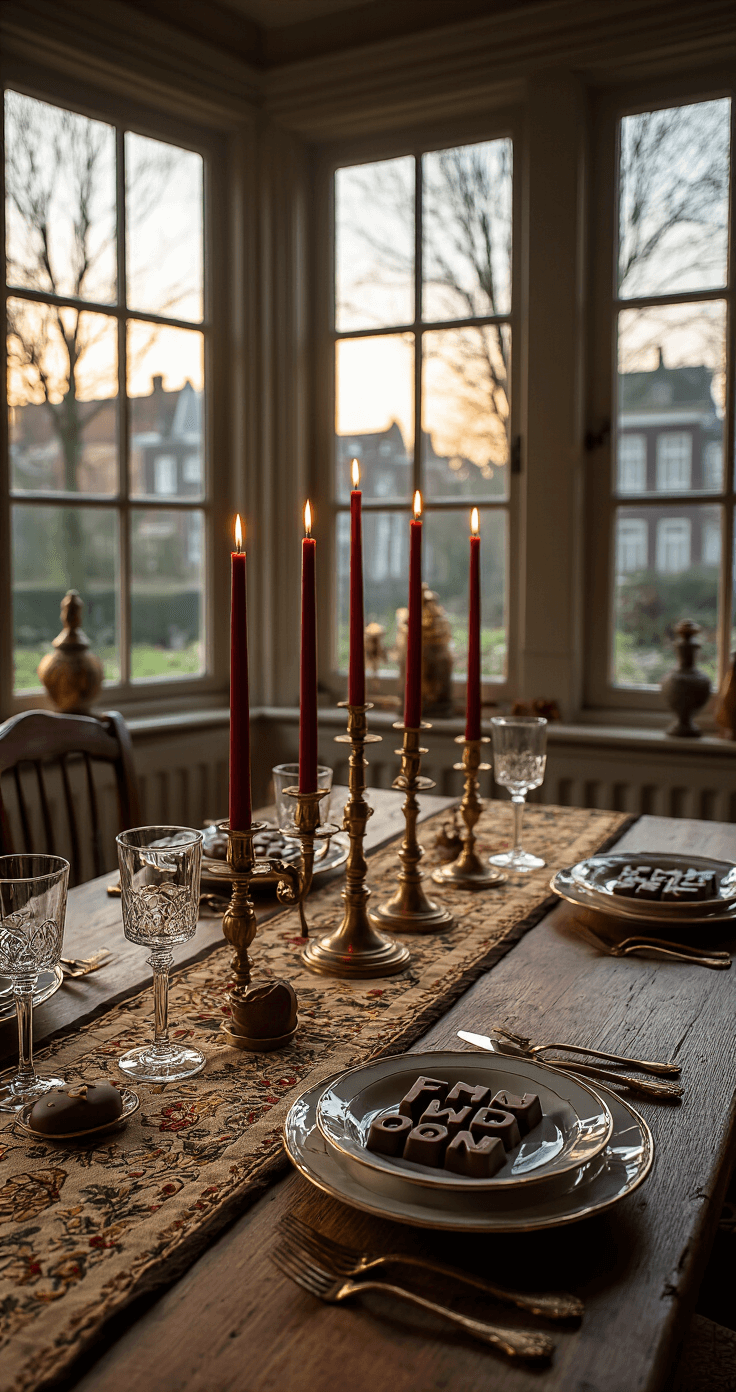 Sinterklaas Decoratie: Zo Maak Ik Mijn Huis Echt Feestelijk Intieme eetkamer met verfijnde Sinterklaas-styling, sfeervolle verlichting en een lange houten eettafel met een zorgvuldig ingedeckte tafel, vintage messing kandelaren met dieprode kaarsen, handgeborduurd tafelkleed in gematteerde goudtinten, keramische borden met kunstzinnig gerangschikte chocoladeletters en subtiele raamdecoraties met delicate gouden Sinterklaas-silhouetstickers.