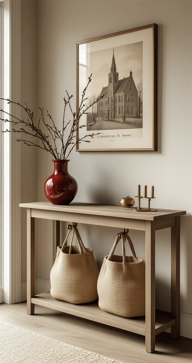 Sinterklaas Decoratie: Zo Maak Ik Mijn Huis Echt Feestelijk Elegant entryway featuring a minimal Dutch design console table adorned with a hand-crafted jute bag, vintage brass coat hooks, and a framed Sinterklaas print, complemented by a red and gold ceramic vase with dried branches, all bathed in soft morning light with warm neutral tones and deep burgundy accents.