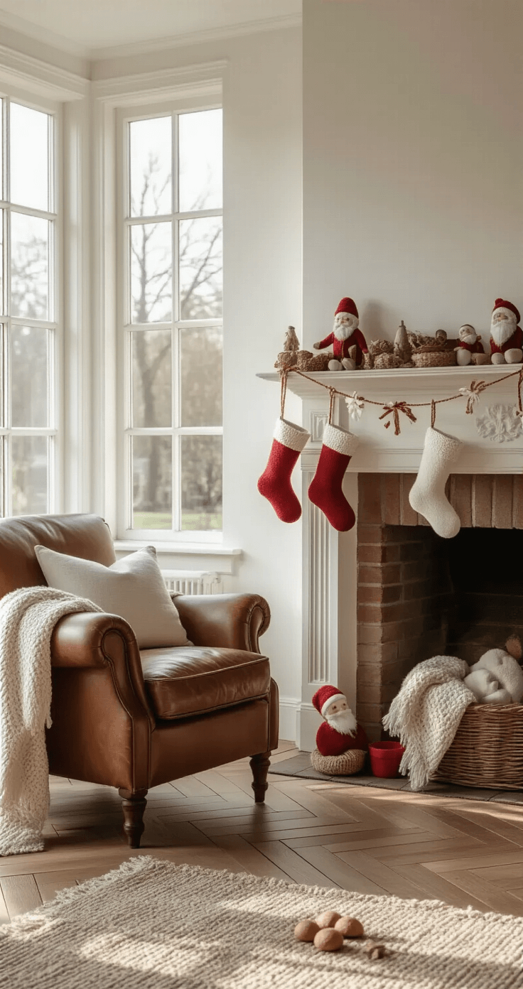 Sinterklaas Decoratie Knutselen: 25+ Creatieve Ideeën Voor Een Feestelijk Huis A cozy Dutch living room bathed in warm, golden-hour light, featuring white walls, oak herringbone floors, and a rustic white mantelpiece adorned with a Sinterklaas paper shoe garland. The soft red and white color palette includes scattered pepernoten and chenille Piet figurines, while a vintage leather armchair with a knitted throw blanket is nearby. The overhead angle highlights the intimate atmosphere, with soft shadows enhancing the scene's warmth and texture.