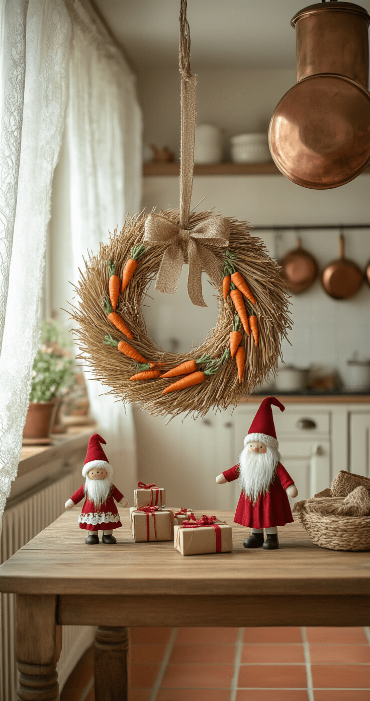 Sinterklaas Decoratie Knutselen: 25+ Creatieve Ideeën Voor Een Feestelijk Huis Cozy vintage Dutch kitchen adorned with a handcrafted Sinterklaas wreath of straw, miniature carrots, jute ribbon, and tiny presents. Warm terracotta tiles, copper cookware, and soft morning light through lace curtains illuminate a wooden farmhouse table featuring hand-painted Sint and Piet figurines. The neutral color palette is accented with festive red and gold, showcasing charming crafted details.
