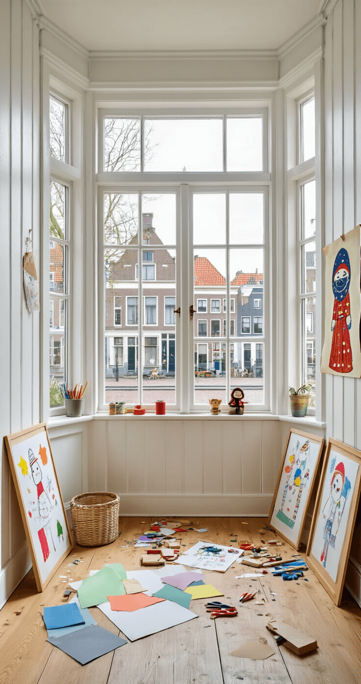 Sinterklaas Decoratie Knutselen: 25+ Creatieve Ideeën Voor Een Feestelijk Huis Charming children's playroom featuring white wooden walls and a bay window, adorned with a colorful Sint silhouette made of wool threads and copper nails, surrounded by craft materials and children's artwork, all bathed in soft natural light from a low angle perspective.