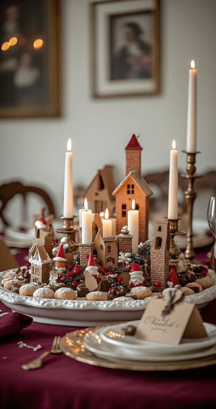 Sinterklaas Decoratie Knutselen: 25+ Creatieve Ideeën Voor Een Feestelijk Huis Intieme eetkamer opstelling met elegante Sinterklaas centerpiece: grote witte keramische schaal met zorgvuldig geplaatste witte en rode kaarsen, omringd door verspreide pepernoten. Miniatuur kartonnen schoorstenen als naambordhouder, elk gevuld met kleine chocolade lekkernijen. Zachte bordeauxrood tafelkleed, vintage messing kaarsenstandaarden, vervaagde achtergrond met familiefoto's. Bovenverlichting creëert een warme, nostalgische sfeer. Macro fotografie stijl die texturale details benadrukt, ondiepe scherptediepte. Gedempt kleurenpalet met rijke, warme ondertonen.