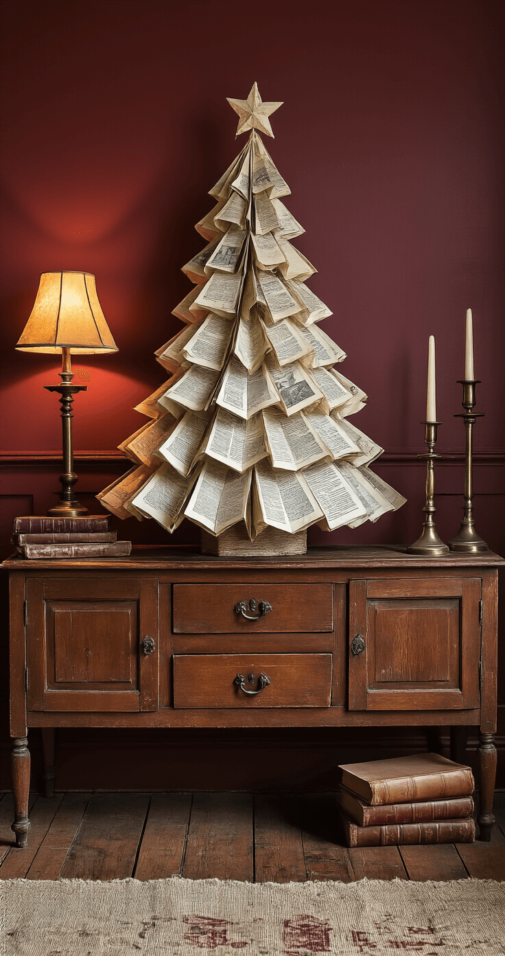 Kerstboom Vouwen: Van Simpel Papier tot Feestelijke Eyecatcher Cozy Dutch home interior with rich burgundy walls, featuring a vintage magazine page Christmas tree on an antique wooden sideboard.