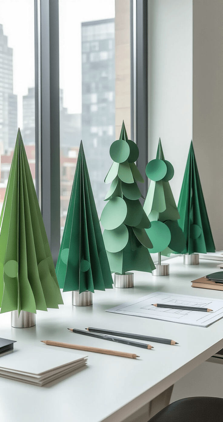 Kerstboom Vouwen: Van Simpel Papier tot Feestelijke Eyecatcher Een moderne thuiswerkplek met geometrische papieren kerstbomen op een strak wit bureau.