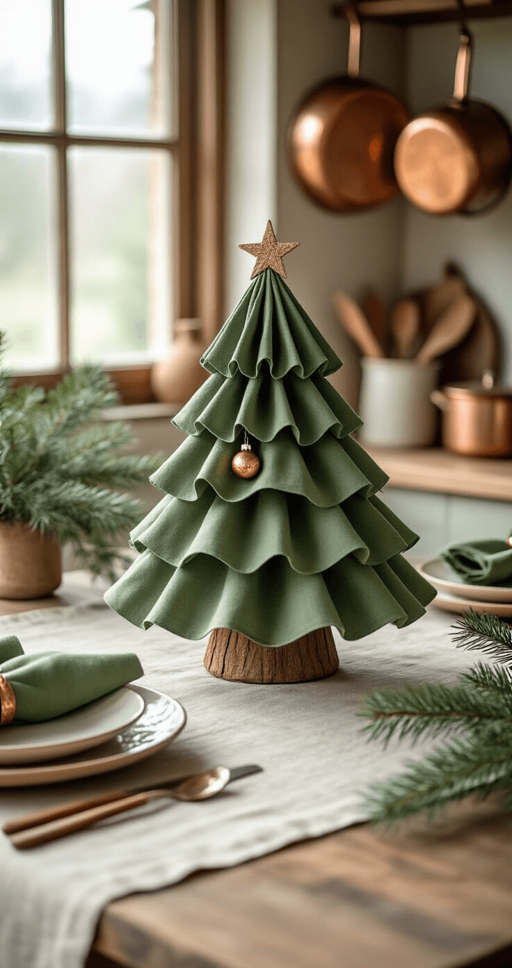 Kerstboom Vouwen: Van Simpel Papier tot Feestelijke Eyecatcher Rustieke boerenkeuken met handgemaakt servet kerstboom centerpiece op natuurlijke linnen tafelkleed.