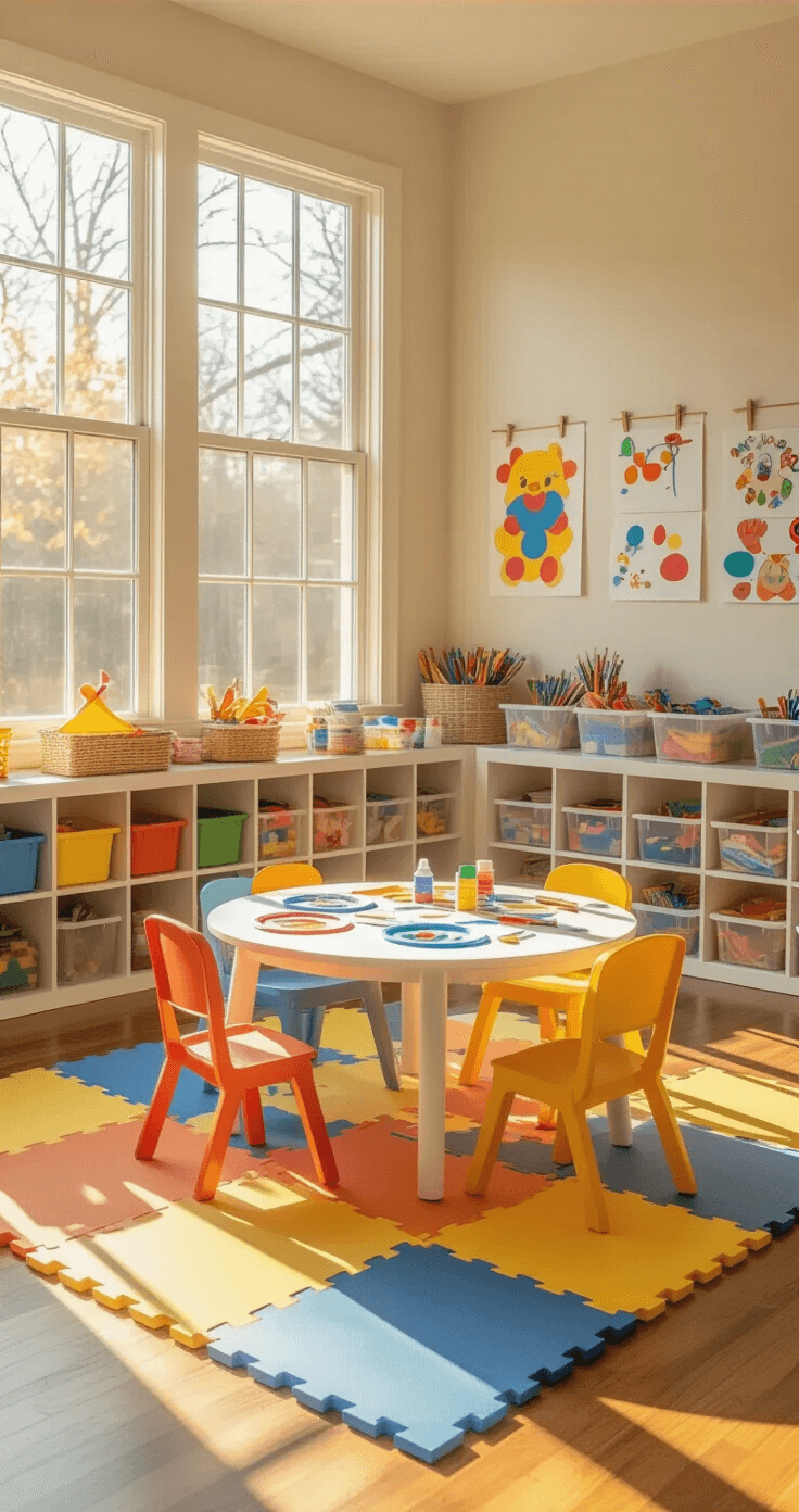 Knutselen met kinderen: Van chaos naar creatieve meesterwerken Heldere speelkamer met kleurrijke schoeiselmatten en een ronde tafel, omringd door kleine stoelen, waar kinderen bezig zijn met dierenmaskers van papier. Licht stroomt door grote ramen, terwijl opslagplanken met transparante bakjes vol knutselspullen de muren sieren. Kunstwerken van kinderen hangen op ooghoogte. Een gezellige leeshoek met pastelgekleurde kussens biedt een uitnodigende sfeer.