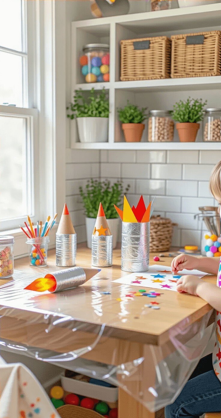 Knutselen met kinderen: Van chaos naar creatieve meesterwerken Close-up van een keukenhoek knutselstation, verlicht door diffuus ochtendlicht. Een houten eettafel met een doorzichtige plastic tafelkleed en een toiletrolraketproject in verschillende stadia, met aluminiumfolie, sterstickers en papieren vlammen. Vintage-mason jars gevuld met kleurrijke knutselspullen. Kleine handen in verfbevlekte schorten werken aan het project. Achtergrond met open craft-opbergkast en gelabelde manden, witte subway tegels en kruidenplantjes op de vensterbank. Macro-opname van texturen en warme, uitnodigende sfeer.