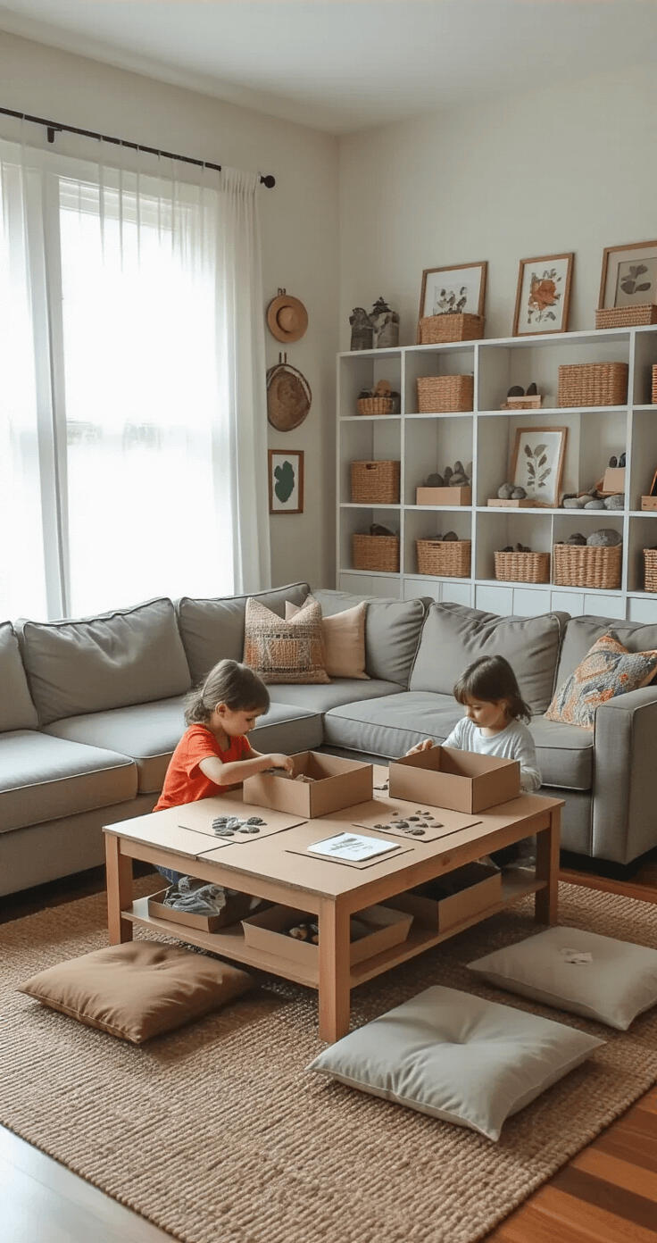 Knutselen met kinderen: Van chaos naar creatieve meesterwerken Documentaire-stijl breedbeeld van een woonkamer, omgevormd tot creatieve werkplek op een regenachtige zaterdagmiddag, met zacht, diffuus licht door sheer gordijnen. Een grote loungebank naar achteren geschoven, een salontafel bedekt met bruin kraftpapier en omringd door vloerkussens waar kinderen werken aan natuurmuseumdozen. Schoenendozen met verzamelingen van bladeren, takken en stenen, voorzien van handgeschreven labels. Een moderne ingebouwde boekenkast toont voltooide projecten - maskers van papierborden, beschilderde stenen en ingedrukte bloemkunst in eenvoudige lijsten. Neutrale Scandinavische decoratie met kleurrijke knutselmaterialen in gevlochten manden. Houten vloeren met een natuurlijk vezelkleed, gedeeltelijk bedekt met een plastic afdekzeil. De camera is laag geplaatst, op kinderhoogte, met een wijde lens die de transformatie van de ruimte van formeel naar functioneel vastlegt.