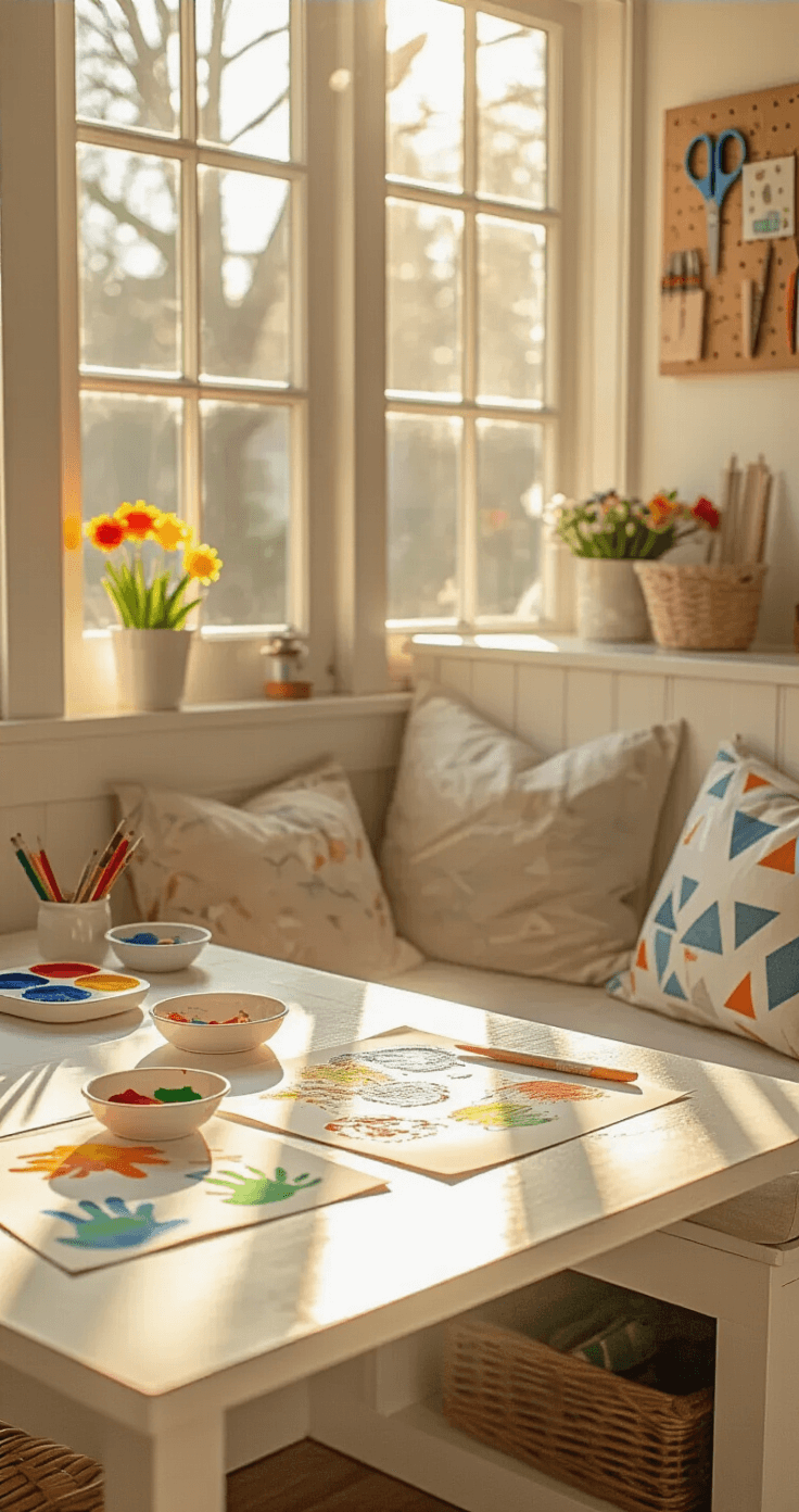 Knutselen met kinderen: Van chaos naar creatieve meesterwerken Intieme close-up van een zonnige ontbijt- en knutselhoek in de vroege ochtend, met gouden licht dat door het oosten gericht raam stroomt. Witte houten tafel met vingerverf in uitvoering, grote vellen papier met kleurrijke handafdrukken, en verfwashokjes. Ingebouwde bank met opbergruimte, kussens van wasbare katoen met subtiele geometrische patronen. Gehayste schaar, linialen en sjablonen aan het pegboard. Verse bloemen in een eenvoudige glazen vaas, die zorg voor schoonheid en creativiteit benadrukken. Macro-opname van verfdetaillering, papieren structuur en kleine vingerafdrukken. Zachtere achtergrond die de tastbare, sensorische aard van het creatieve proces benadrukt.