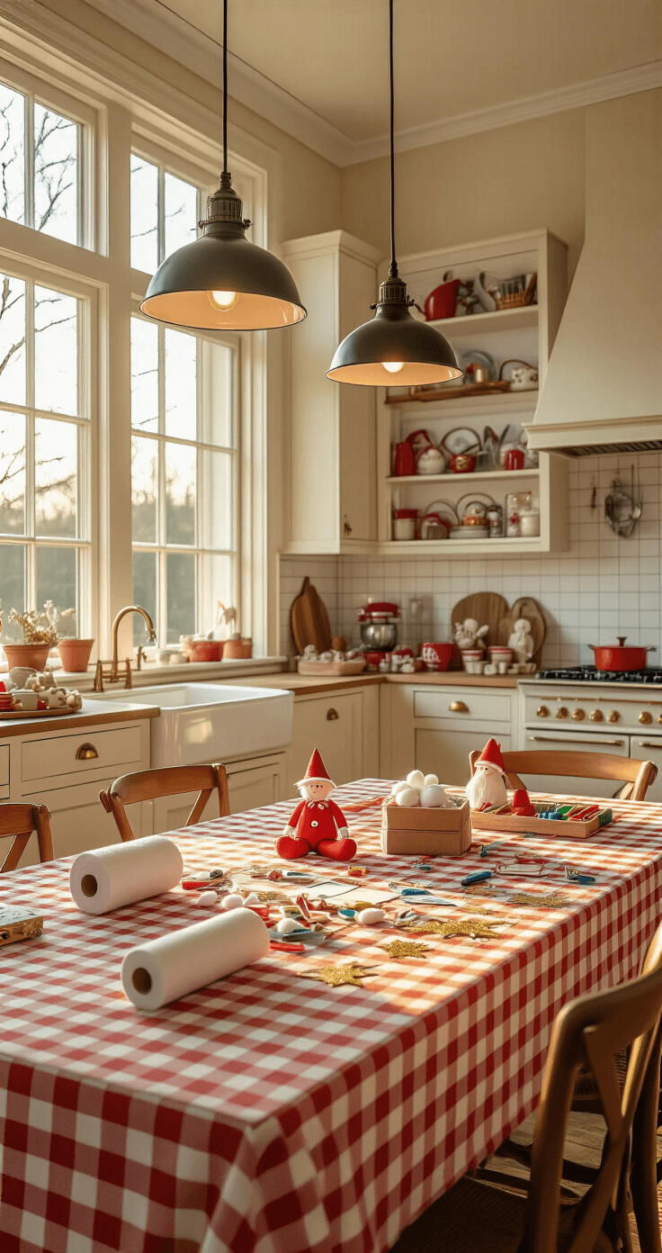 Sinterklaas knutselen: creatieve knutselideeën die je kinderen dolgelukkig maken Photorealistic interior of a Dutch family kitchen during golden hour, featuring a spacious farmhouse dining table adorned with a red checkered tablecloth and Sinterklaas crafting materials, warm pendant lighting, and cream-colored cabinets, all exuding cozy gezelligheid.