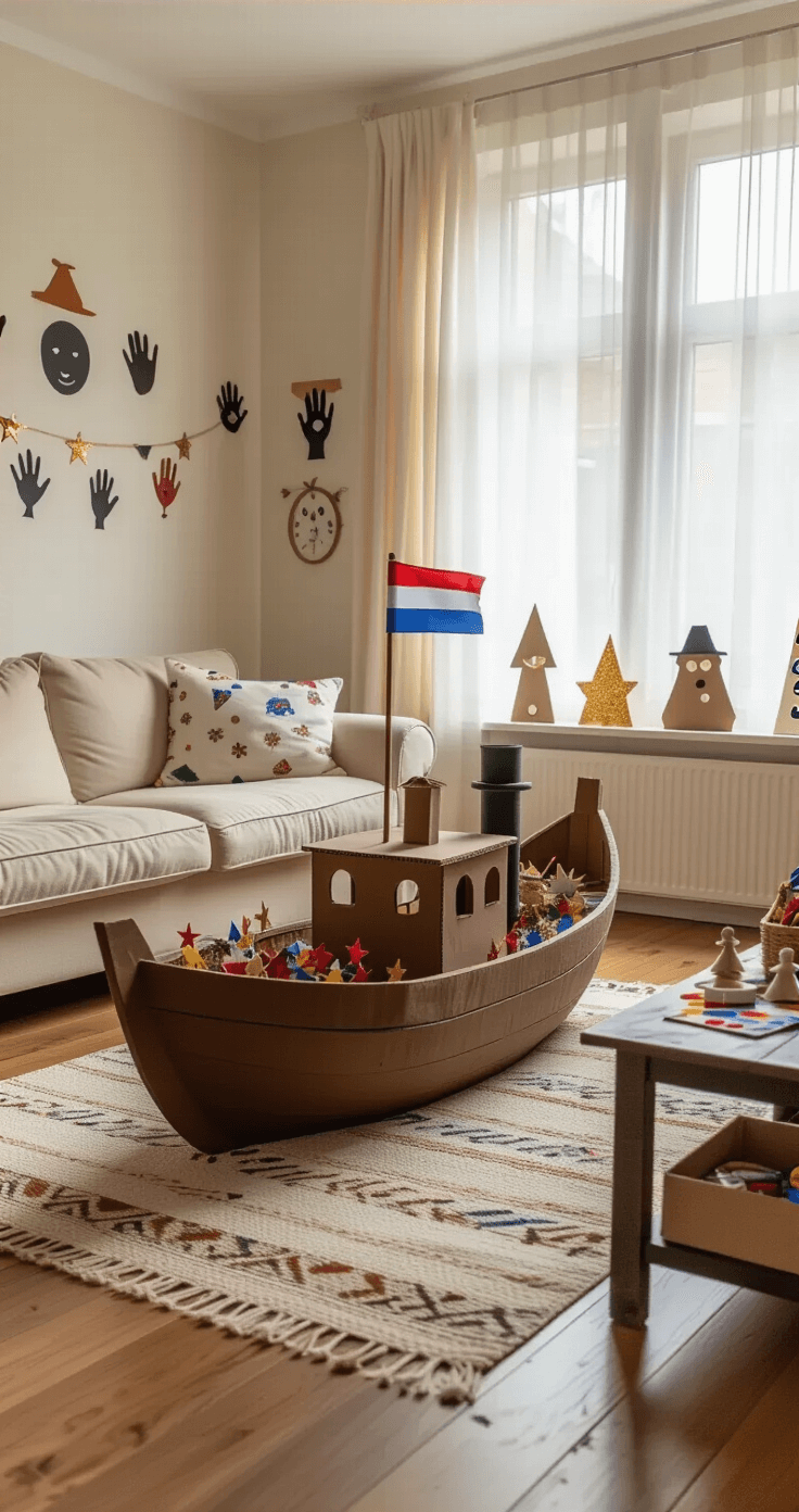 Sinterklaas knutselen: creatieve knutselideeën die je kinderen dolgelukkig maken Wide-angle view of a cozy Dutch living room decorated for Sinterklaas, featuring a large cardboard steamboat on the hardwood floor, children's handprint Piet faces on the walls, and colorful paper decorations, all captured from a child's perspective.