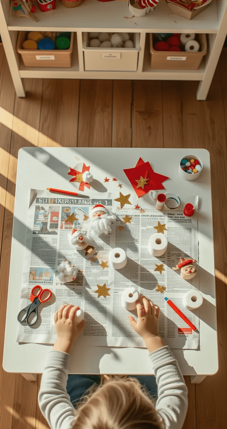 Sinterklaas knutselen: creatieve knutselideeën die je kinderen dolgelukkig maken Close-up of a child's craft corner featuring a white IKEA table covered in newspaper, showcasing stages of toilet roll Sinterklaas figures alongside red and white paper scraps, cotton balls, and a hand reaching for star stickers, all set on warm wooden flooring with a cream storage cabinet in the background.
