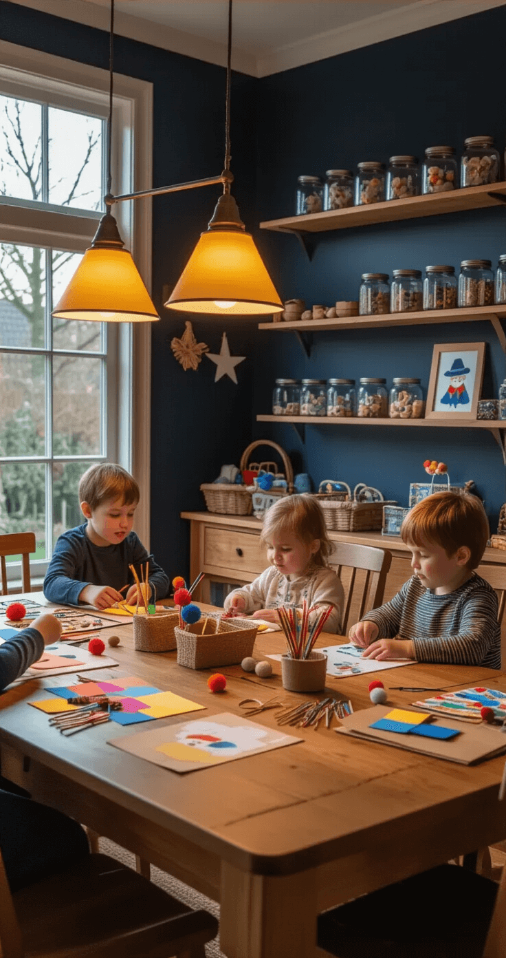 Sinterklaas knutselen: creatieve knutselideeën die je kinderen dolgelukkig maken Panoramic view of a cozy Dutch dining room with a family craft session at a warm-lit oak table, featuring colorful craft supplies for making Piet hats, completed handmade projects on a sideboard, and organized craft materials on navy floating shelves, creating a welcoming atmosphere with rich burgundy, gold, and cream tones.
