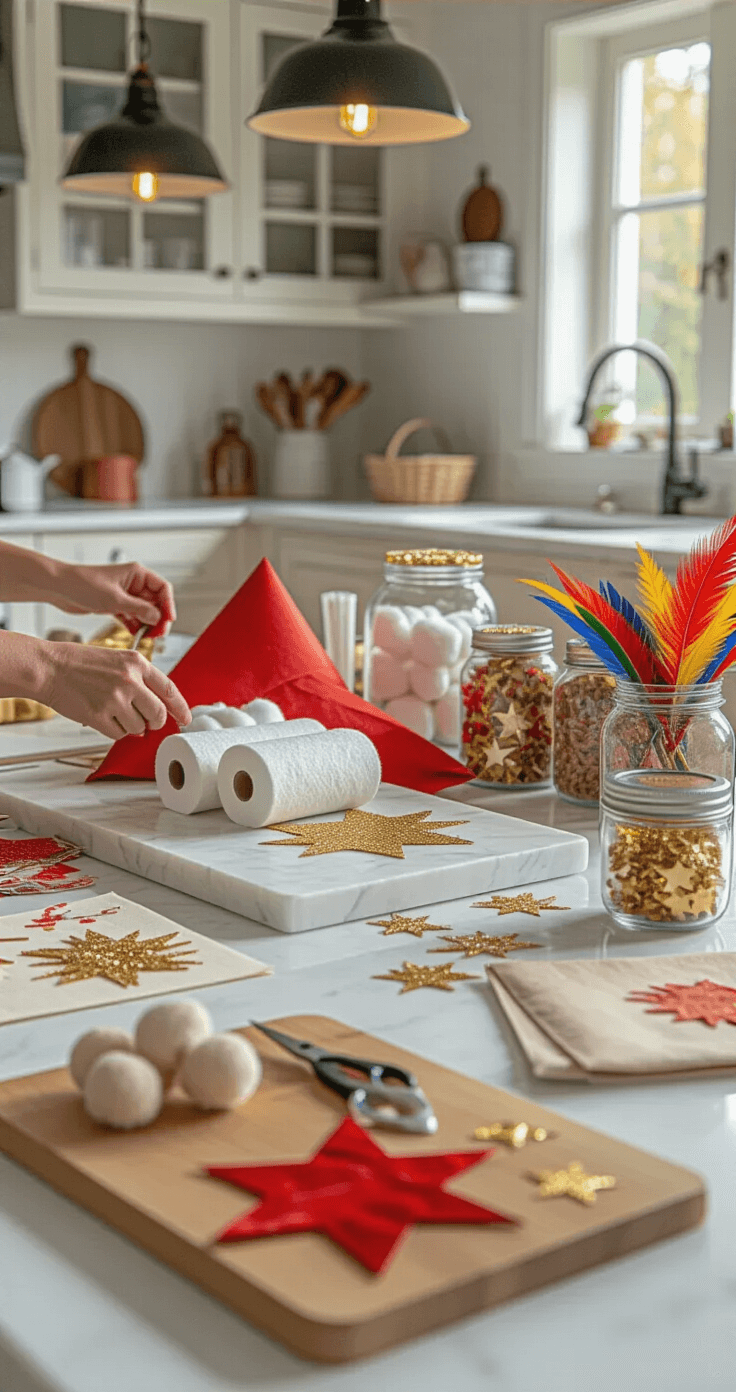 Sinterklaas knutselen: creatieve knutselideeën die je kinderen dolgelukkig maken Macro shot of a Dutch kitchen island during natural light, featuring Sinterklaas craft materials like red-wrapped toilet rolls, white cotton batting, golden star stickers, and colorful feathers in vintage jars, alongside half-completed Piet hats and precision craft tools, with a linen runner and pendant lights enhancing the scene.