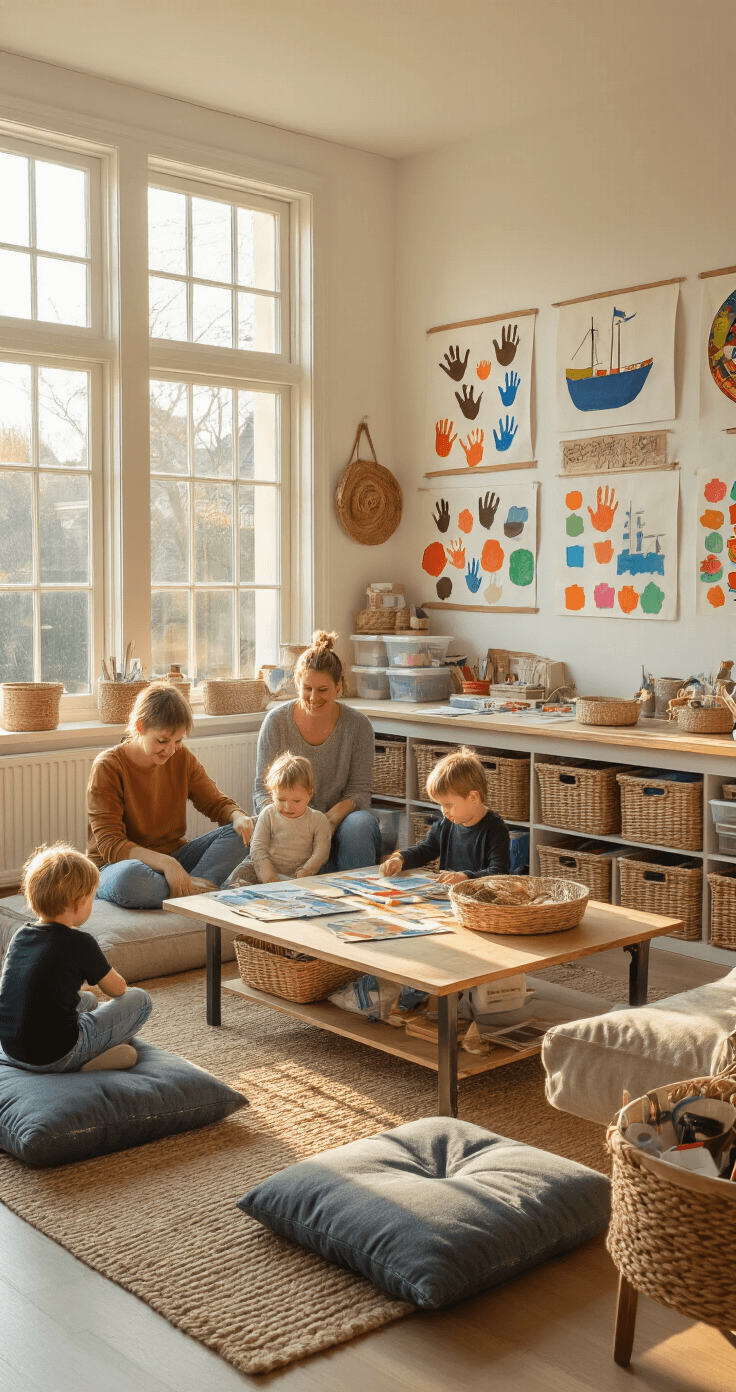 Sinterklaas knutselen: creatieve knutselideeën die je kinderen dolgelukkig maken A cozy Dutch family room transformed into a holiday craft station, featuring work zones for children and adults, decorated with vibrant Sinterklaas-themed art, warm golden hour lighting, and organized craft supplies in woven baskets and a rolling cart.