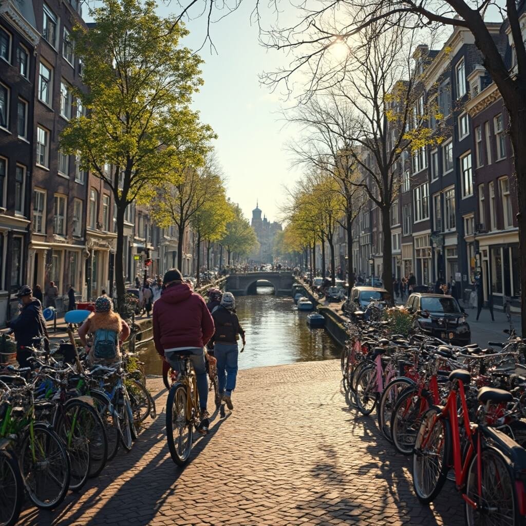 Dagtrips in Noord-Holland Vibrante stedelijke straat in Amsterdam met smalle historische gracht, schuin staande traditional gabled huizen, kleurrijke fietsen op het cobblestone pad, laat in de middag zonlicht dat op het water van de gracht weerkaatst, ingewikkelde architectonische details van 17de-eeuwse gebouwen, mensen in casual Nederlandse kleding die lopen en fietsen, die de drukke maar intieme sfeer van het historische stadscentrum van Amsterdam vastleggen met een helder, verzadigd kleurenpalet en zorgvuldige composities.