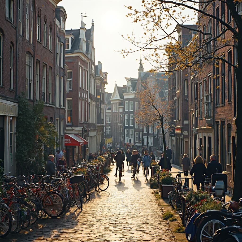 Dagtrips in Noord-Holland Vibrant Amsterdam canal street scene featuring traditional gabled houses, colorful bicycles on cobblestone paths, and people enjoying the late afternoon sunlight.