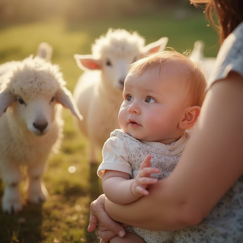 Onvergetelijke Uitstapjes met je 6-Maanden Oude Baby: Ontdek de Wereld Samen! Vibrante documentairefoto van de eerste ontmoeting van een baby met boerderijdieren, met de gefocuste gezichtsuitdrukking van verwondering van een 6 maanden oude baby die veilig wordt vastgehouden door een ouder. Op de achtergrond zijn vriendelijke boerderijdieren, zoals zachte geiten of donzige schapen, te zien in een zonnige ochtendlichte sfeer. De baby, gekleed in een lichte katoenen outfit, strekt nieuwsgierig zijn handjes uit en volgt met zijn ogen de bewegingen van de dieren. De afbeelding legt de sensoriële verkenning van het kind vast met een zacht focus op zijn reacties en scherpe details van de boerderijomgeving.