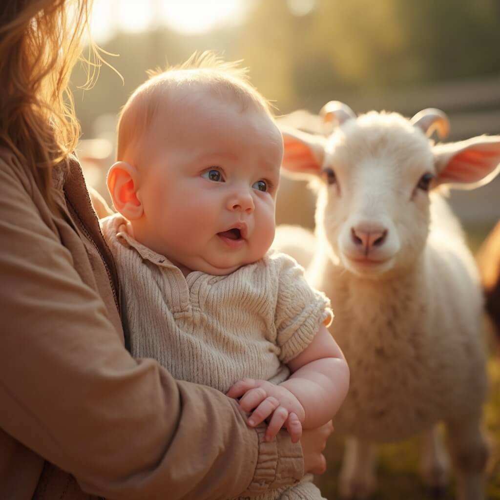 Onvergetelijke Uitstapjes met je 6-Maanden Oude Baby: Ontdek de Wereld Samen! A vibrant documentary-style photograph of a 6-month-old baby expressing wonder during their first encounter with farm animals, held securely by a parent. The scene features soft goats or fluffy sheep in the background, with the baby in a light cotton outfit, basking in morning sunlight. The infant's eyes track the animals, hands slightly outstretched, creating a sense of sensory exploration amidst the implied ambient sounds of the farm. The baby's reactions are in soft focus, while the farm environment remains sharply detailed.