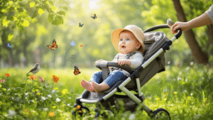 Onvergetelijke Uitstapjes met je 6-Maanden Oude Baby: Ontdek de Wereld Samen! A 6-month-old baby in a stroller marvels at a vibrant park, surrounded by dappled sunlight, blooming flowers, and fluttering butterflies, with a parent nearby.