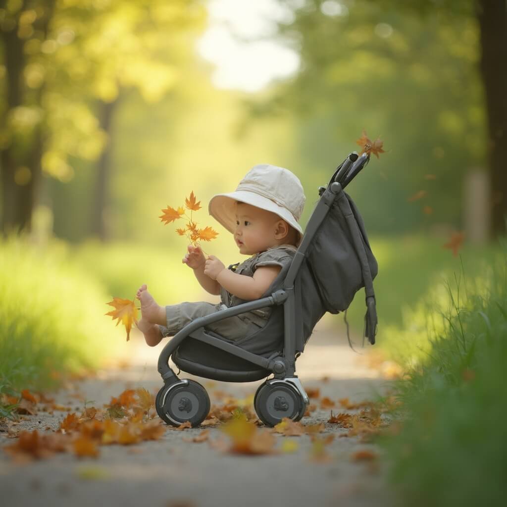 Onvergetelijke Uitstapjes met je 6-Maanden Oude Baby: Ontdek de Wereld Samen! A 6-month-old baby wearing a light sun hat sits in a modern ergonomic stroller on a sunlit park pathway, surrounded by lush green foliage, with wide curious eyes and hands reaching toward nearby leaves, captured in soft morning light.