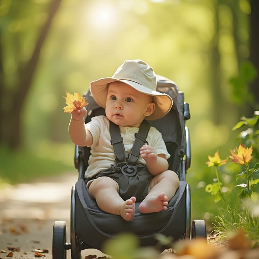 Onvergetelijke Uitstapjes met je 6-Maanden Oude Baby: Ontdek de Wereld Samen! Zeer gedetailleerd beeld van een 6 maanden oude baby in een zonovergoten parkpad, omringd door zachte groene bladeren, met een lichte zonhoed op. De baby zit comfortabel in een moderne ergonomische kinderwagen, met wijdopen ogen van nieuwsgierigheid en handjes die uitsteken naar nabijgelegen bladeren. De foto toont de eerste natuurervaring van de baby in zachte pastelkleuren en met scherpe details van de baby's expressie en de omliggende groene natuur.