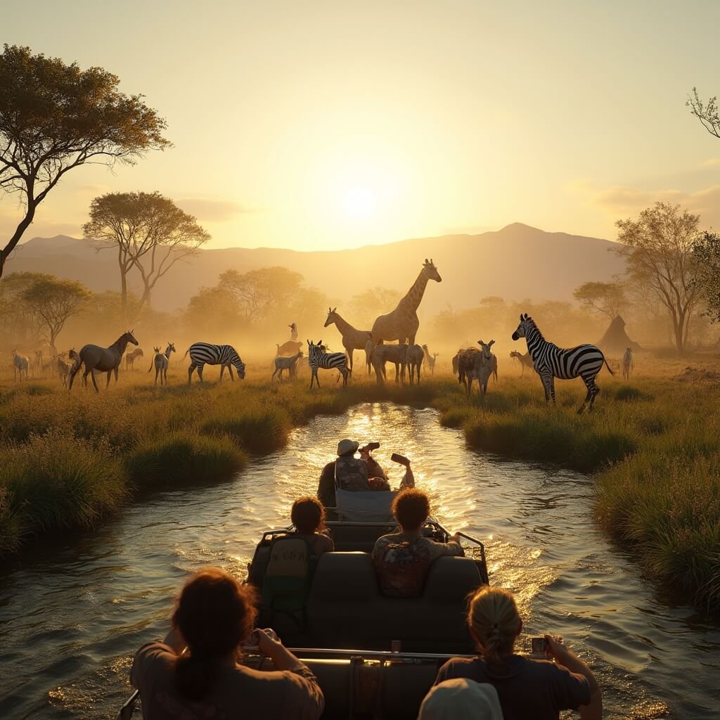 Leuke Uitstapjes Nederland: Ontdek de Verborgen Parels van Nederlandse Pret! Photorealistic image of a wildlife safari at Beekse Bergen Safari Park, featuring a panoramic view of a safari boat drifting through an African savanna with zebras, giraffes, and antelopes grazing, highlighted by golden afternoon sunlight and detailed boat passengers capturing the experience.