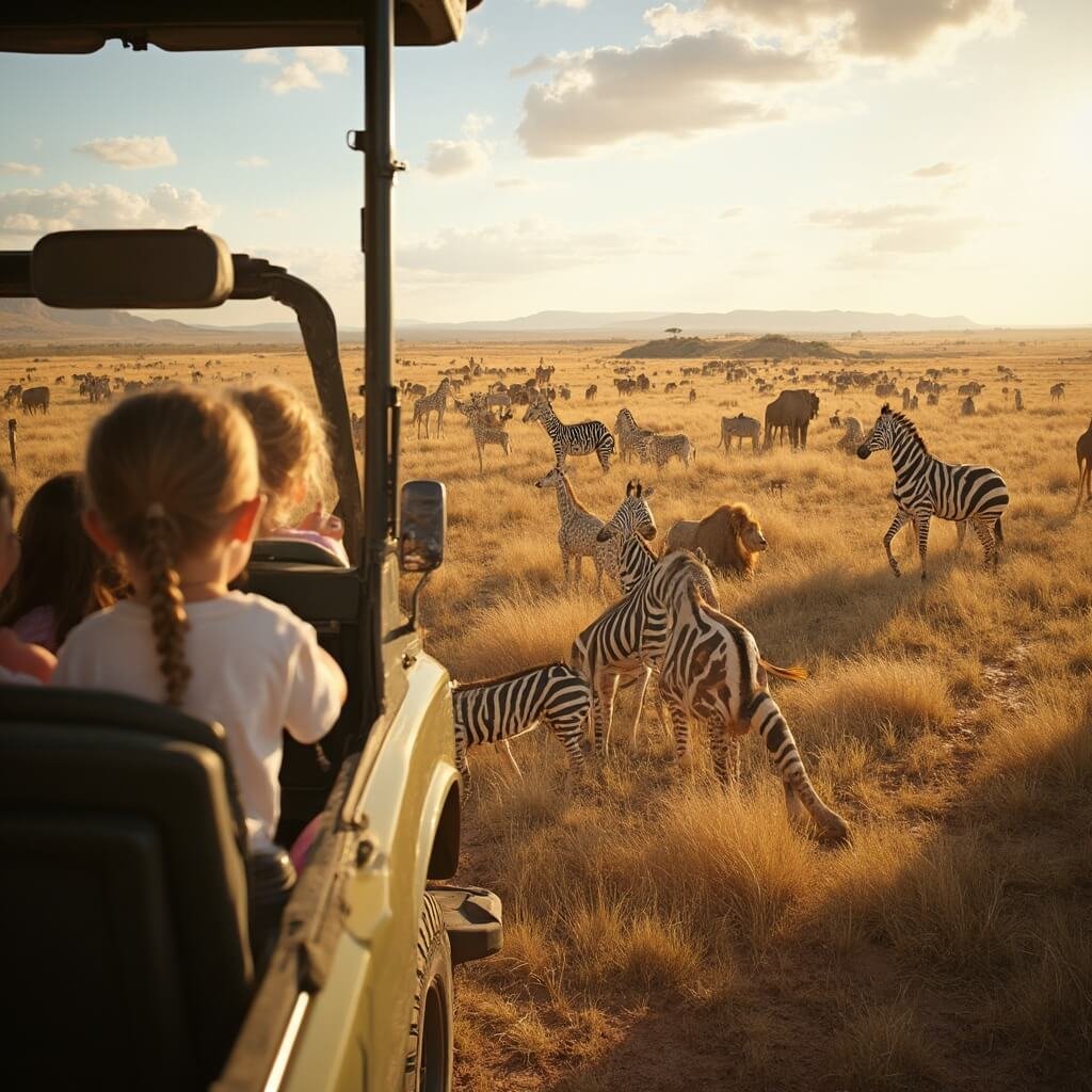 Ultieme Gids voor Gezinsuitstapjes in Brabant: Ontdek de Meest Magische Plekken voor Onvergetelijke Familiedagen! Panoramisch uitzicht op Beekse Bergen Safari Park met vrije zebra's, giraffen en leeuwen in gouden savannegrasland, een safari-voertuig op de voorgrond met blije kinderen die uit de ramen kijken, warme middagzon die lange schaduwen werpt, scherpe detailweergave van dieren en hun interacties, brede-lens opname van het uitgestrekte ecosysteem in natuurdocumentaire-stijl.
