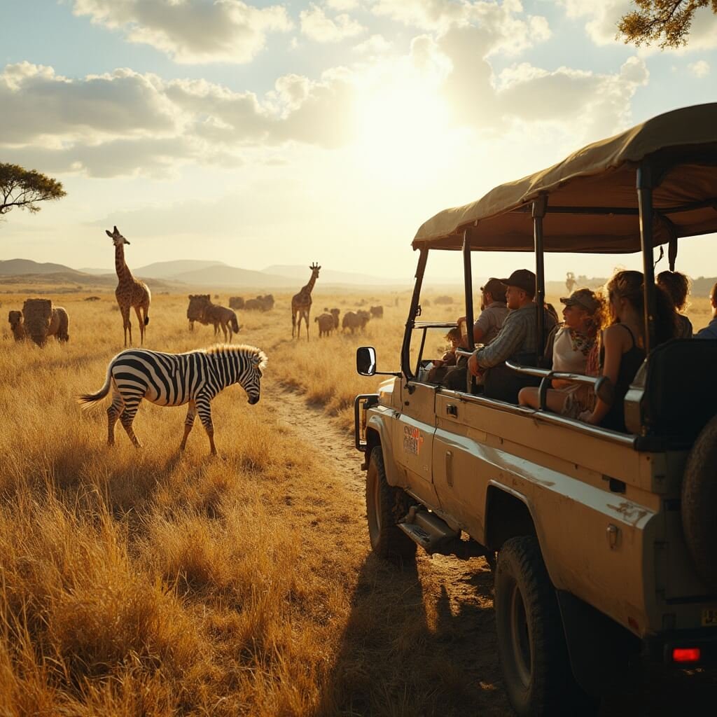 Ultieme Gids voor Gezinsuitstapjes in Brabant: Ontdek de Meest Magische Plekken voor Onvergetelijke Familiedagen! A panoramic view of Beekse Bergen Safari Park featuring zebras, giraffes, and lions in a golden savanna landscape, with a safari vehicle in the foreground where excited children peer out. Warm afternoon sunlight casts long shadows, highlighting the natural textures of the animals in an expansive ecosystem.