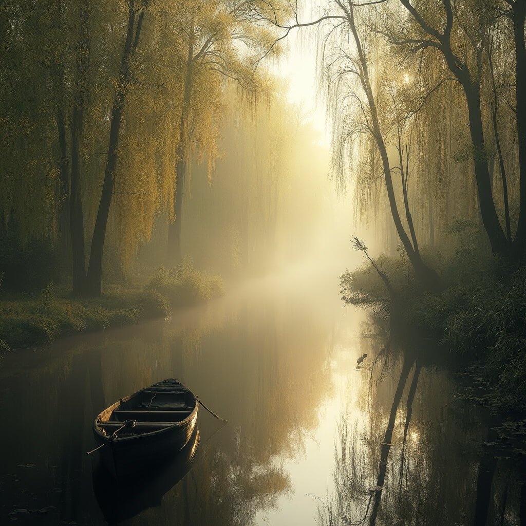 De Ultieme Gids voor Onvergetelijke Uitstapjes in Brabant: Ontdek de Verborgen Schatten van Deze Geweldige Provincie! Hyper-realistic landscape of Biesbosch National Park at dawn, featuring misty willow trees reflected in calm water channels, with soft golden sunlight filtering through dense vegetation, a traditional wooden boat in sharp focus, captured in a wide panoramic composition.