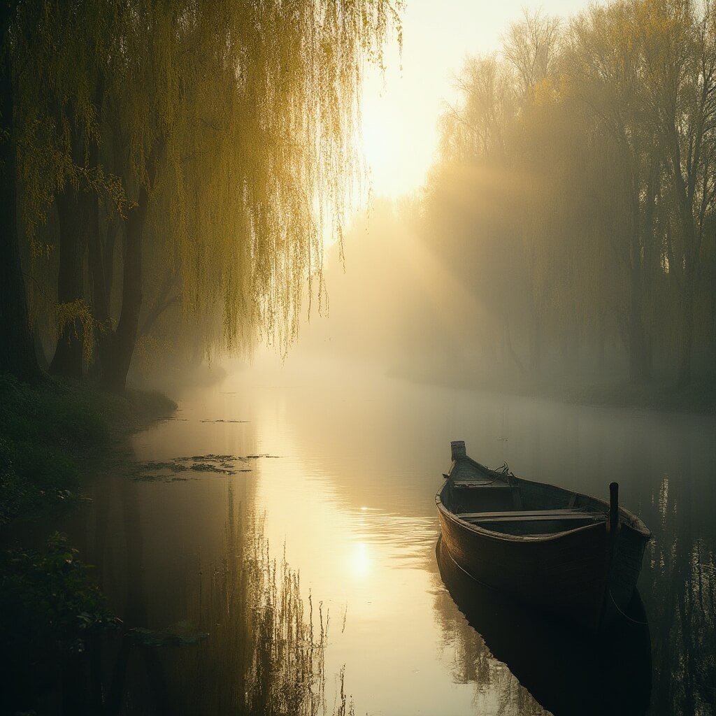 De Ultieme Gids voor Onvergetelijke Uitstapjes in Brabant: Ontdek de Verborgen Schatten van Deze Geweldige Provincie! Hyperrealistische landschap fotografie van Nationaal Park Biesbosch bij zonsopgang, mistige wilgen weerspiegeld in het rustige water, zacht gouden zonlicht door dicht riviervegetatie, gedetailleerde voorgrond met traditionele houten boot, panoramisch uitzicht op het mysterieuze waterlandschap.