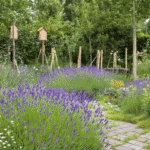 Een weelderige Nederlandse tuin met bloeiende lavendelvelden, houten nestkasten, koperen voederhuisjes, ondiepe waterbakjes, handgemaakte bijenhotels, en terracotta potten met kruiden, alles omgeven door een serene natuurlijke sfeer en warme gouden lichtinval.