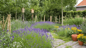 Hoe Trek Je Vogels en Bijen Aan in Je Eigen Tuin: Een Complete Gids Een weelderige Nederlandse tuin met bloeiende lavendelvelden, houten nestkasten, koperen voederhuisjes, ondiepe waterbakjes, handgemaakte bijenhotels, en terracotta potten met kruiden, alles omgeven door een serene natuurlijke sfeer en warme gouden lichtinval.