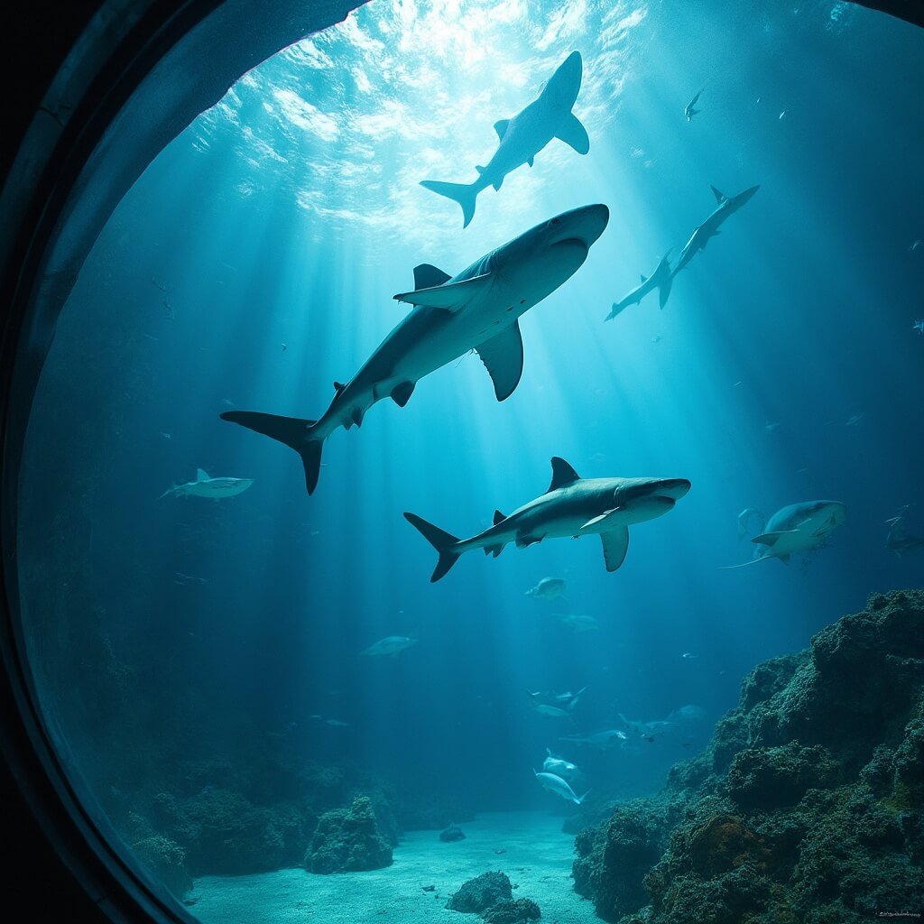 Uitstapjes Zuid-Holland: De Ultieme Gezinsgids voor Onvergetelijke Avonturen! Dynamische onderwaterfotografie in Diergaarde Blijdorp, met diverse haaiensoorten die majestueus voorbijzwemmen in een transparante haaientunnel. Zachte blauwe verlichting accentueert de mariene ecosystemen, met koralen, zeewier en subtiele stromingen. Focus op de anatomische details van de haaien en de omliggende aquatische omgeving.