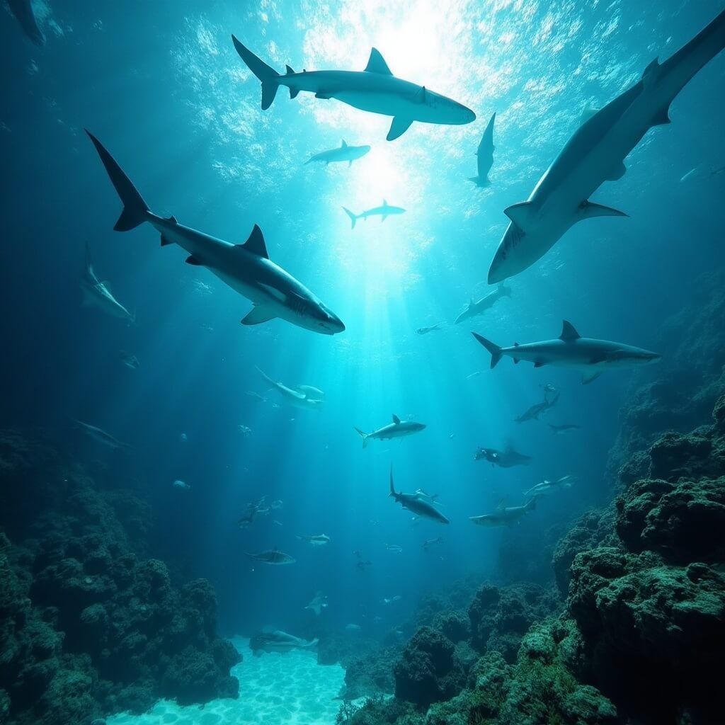 Uitstapjes Zuid-Holland: De Ultieme Gezinsgids voor Onvergetelijke Avonturen! Dynamic underwater scene in Diergaarde Blijdorp zoo's transparent shark tunnel, showcasing multiple shark species gliding past, with soft blue lighting highlighting marine ecosystem details, including coral structures and vegetation, captured in sharp focus.