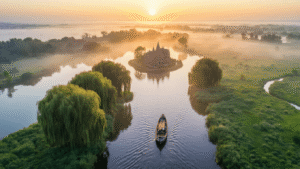 De Ultieme Gids voor Onvergetelijke Uitstapjes in Brabant: Ontdek de Verborgen Schatten van Deze Geweldige Provincie! Aerial view of the misty waterways of Biesbosch National Park in Brabant, featuring a traditional boat navigating among ancient willow trees, with Kasteel Maurick on an island in the background, illuminated by golden sunrise light. The scene captures lush green wetlands, serene water reflections, and the peaceful atmosphere of the Dutch polder landscape.