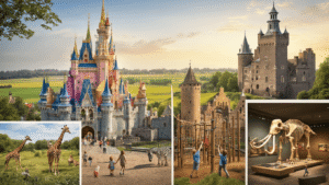 Ultieme Gids voor Gezinsuitstapjes in Brabant: Ontdek de Meest Magische Plekken voor Onvergetelijke Familiedagen! A vibrant collage of Brabant family destinations featuring De Efteling's fairy tale castle, safari animals at Beekse Bergen, a medieval Dutch castle, children on adventure courses, and a mammoth skeleton in a museum, set against a picturesque Dutch countryside. Warm lighting and joyful families emphasize fun-filled activities.