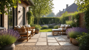 Terras Aanleggen met Budgetvriendelijke Ideeën: Zo Creëer je een Droomterras Zonder Fortuin Ultra-realistische Nederlandse terrasscène met grindpad, betonnen tegels en verweerd steigerhout, gevuld met lavendel en handgemaakte houten meubelen, bij warm natuurlijk licht tijdens het gouden uur.
