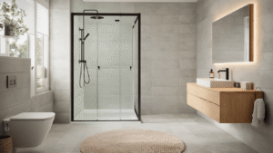 Kleine Badkamer Slim Indelen: Zo Haal Je Alles Uit Jouw Compacte Ruimte Compacte Nederlandse badkamer met zwevend lichthouten wastafelmeubel, glazen inloopdouche met matzwarte kranen, hangtoilet, indirecte LED-verlichting, grote wandspiegel en natuurlijke elementen, gefotografeerd vanuit een lage hoek.