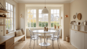 Kleine Eetkamer Optimaal Benutten: 7 Slimme Trucs Voor Meer Ruimte Compacte eetkamer met ronde uitschuifbare tafel omringd door transparante stoelen, warme ochtendverlichting, crèmekleurige muren, houten vloer, en moderne Scandinavische styling.
