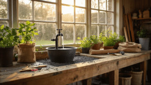 Warme Nederlandse schuur-werkplaats met DIY fontein materialen op houten werkbank, waaronder een waterpomp, vijverbak, grind en tuingereedschap, omgeven door een gezellige hygge sfeer.