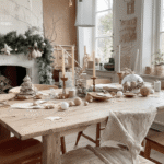 Gezellige Nederlandse woonkamer tijdens gouden uur, met rustieke eettafel vol DIY kerstbal materialen zoals kraft papier, plexi ballen, en moeren, omringd door creatieve rommel en warme zonnestralen.