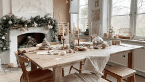 Gezellige Nederlandse woonkamer tijdens gouden uur, met rustieke eettafel vol DIY kerstbal materialen zoals kraft papier, plexi ballen, en moeren, omringd door creatieve rommel en warme zonnestralen.